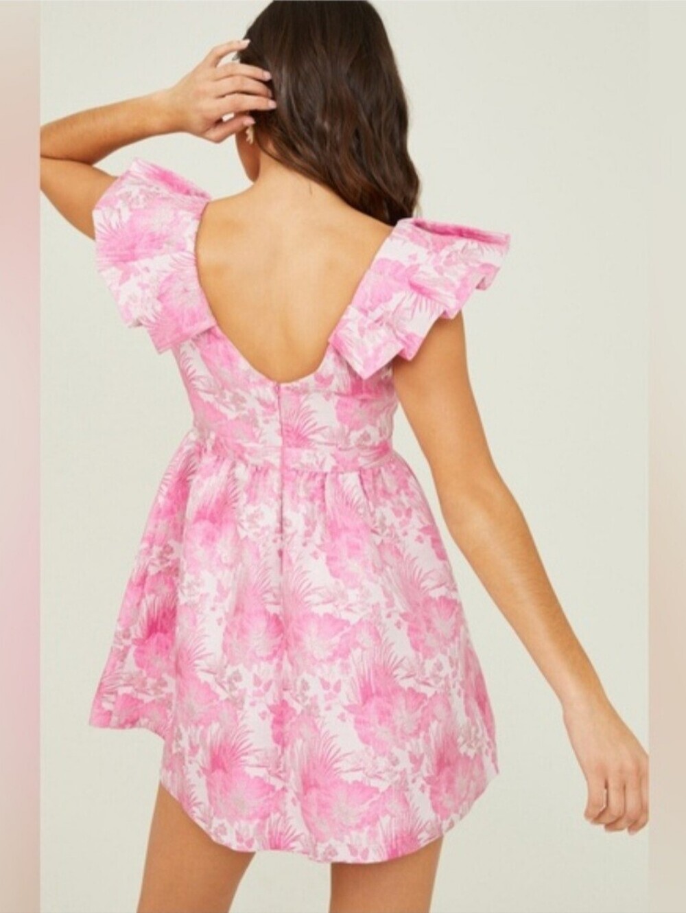 Altar'd state pink floral jacquard mini dress medium feminine glam bow ruffle - Picture 15 of 16